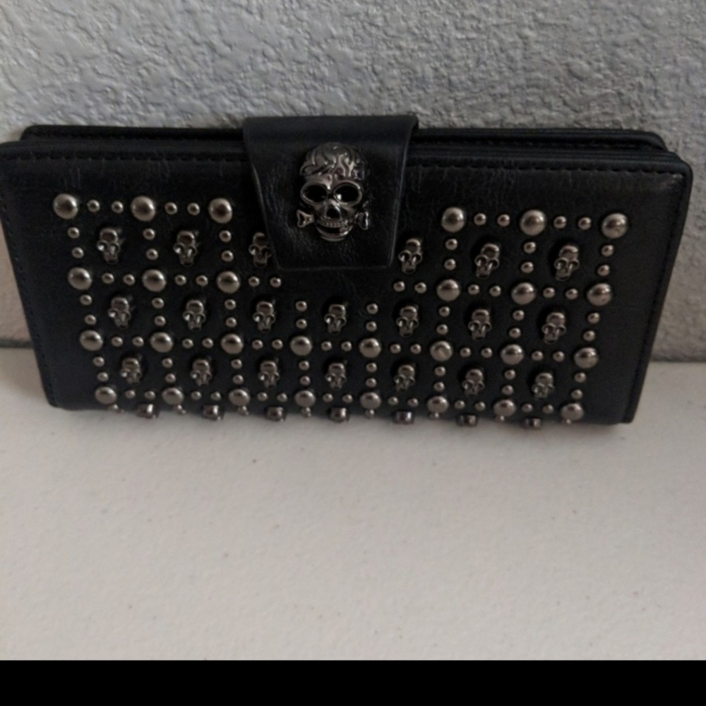 Skull Black Leather Wallet Clutch Viking Renaissance Festival Goth Rock Metal